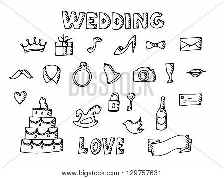 Wedding set illustration. Isolated on white background. Vector icons