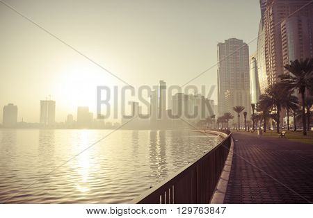 A view of skyline of Sharjah, UAE in the morning.