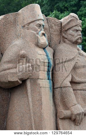 KIEV,UKRAINE - MAY 15, 2016: Ukrainian vandalism.Broken nose on Monument to Reunion of Ukraine and Russia in Kiev, Ukraine (ukrainian nazionalists have tradition to vandalise monuments). Kiev. Ukraine