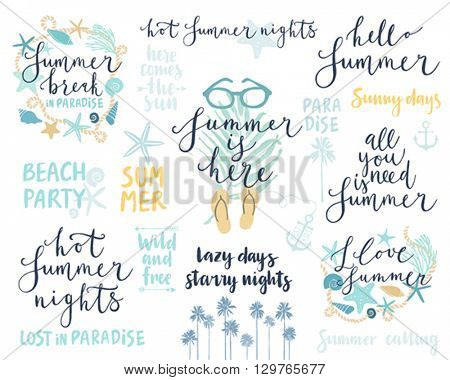 Summer Lettering Design Set - hand drawn Vector illustration.