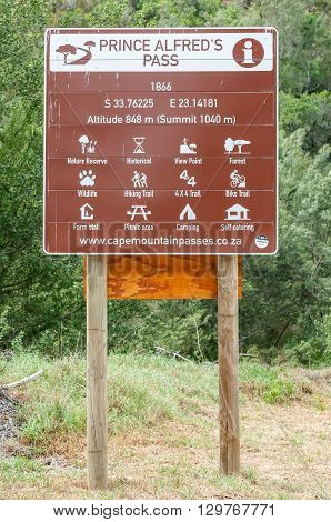 DE VLUGT SOUTH AFRICA - MARCH 5 2016: Information board of the Prince Alfred Pass at De Vlugt. At 68 km it is the longest mountain pass in South Africa