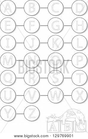 Funny Cartoon Dragon Lies On The Wooden Cubes With Letters. Alphabet Tracing Worksheet: Writing A-z