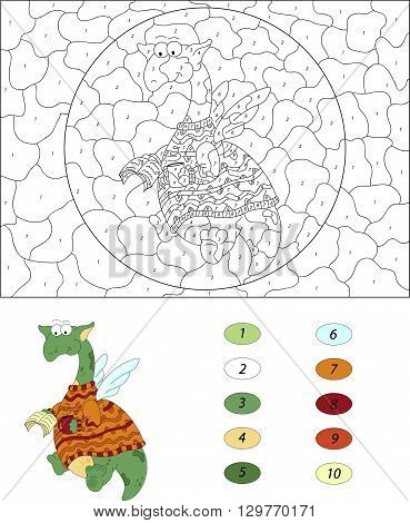 Cartoon Dragon Reads A Book. Color By Number Educational Game For Kids