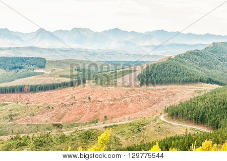 A hazy view of the Prince Alfred Pass towards the Outeniqua Mountains as seen from the Spitskop viewpoint. At 68 km it is the longest mountain pass in South Africa