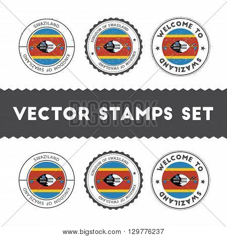 Swazi Flag Rubber Stamps Set. National Flags Grunge Stamps. Country Round Badges Collection.