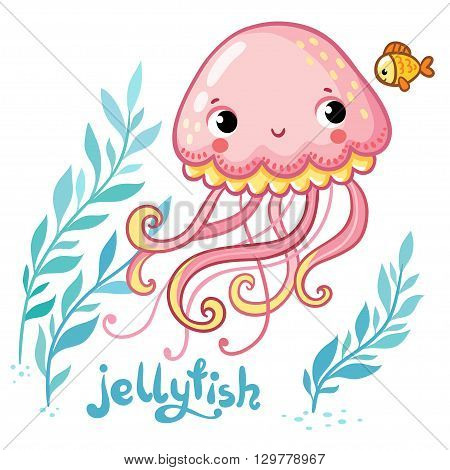 Jellyfish. Cute cartoon Jellyfish in vector. Vector illustration of jellyfish and seaweed