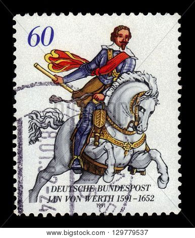 GERMANY - CIRCA 1991: a stamp printed in Germany shows portrait Count Johann von Werth, was a german general of cavalry in the Thirty Years' War, circa 1991