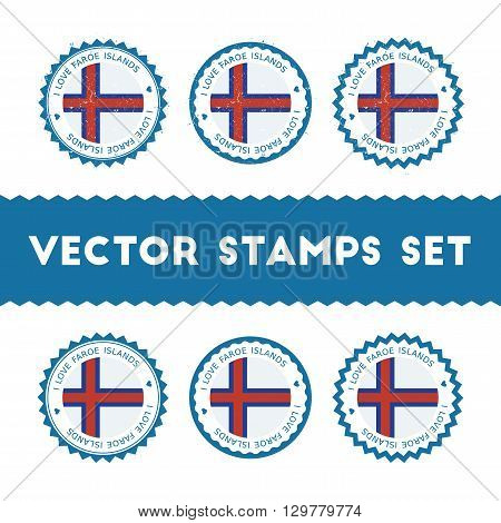 I Love Faroe Islands Vector Stamps Set. Retro Patriotic Country Flag Badges. National Flags Vintage