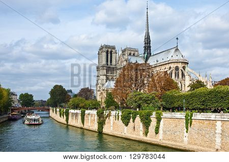 Paris France - October 3 2009: The Notre Dame Cathedral seen from the left bank (rive gauche) of the river.