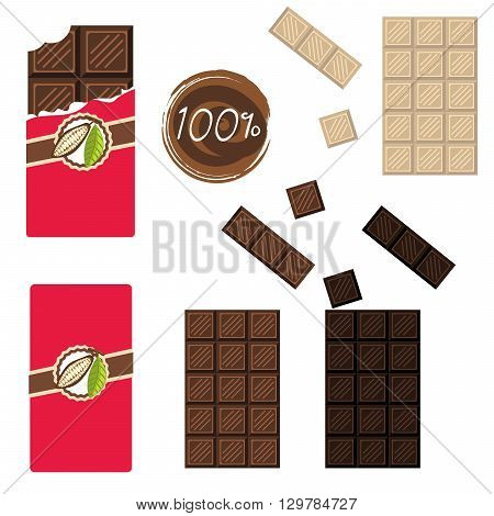 Bar of chocolate set. Sealed and open wrap. Milk, white and darc cocoa chocolate square.
