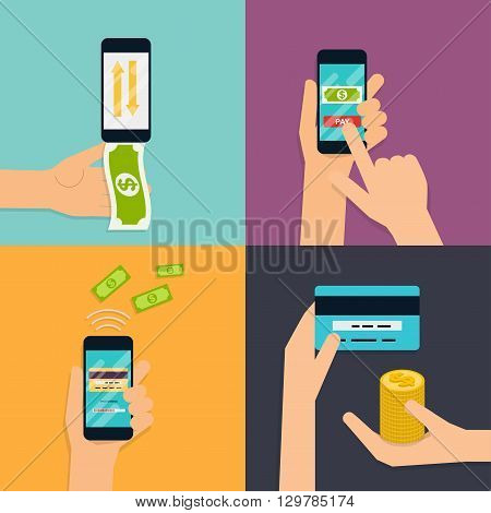 Flat design vector illustration concepts of online payment methods. Internet banking online purchasing and transaction electronic funds transfers and bank wire transfer.