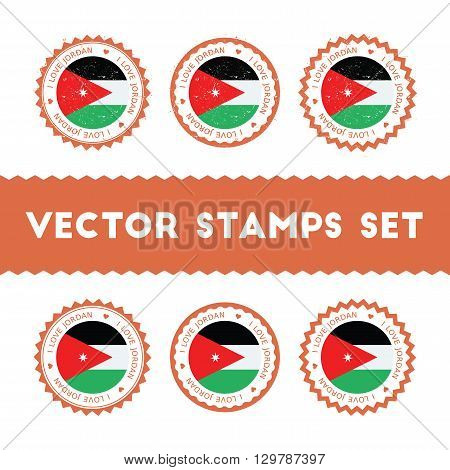 I Love Jordan Vector Stamps Set. Retro Patriotic Country Flag Badges. National Flags Vintage Round S