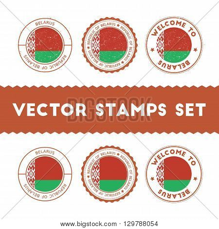 Belarusian Flag Rubber Stamps Set. National Flags Grunge Stamps. Country Round Badges Collection.