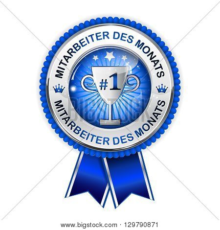 Employee of the month in German language (Mitarbeiter des Monats) - elegant golden blue award ribbon