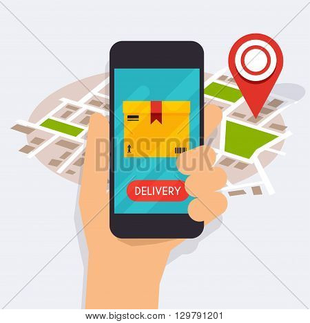 Hand holding mobile smart phone with mobile app delivery tracking. Vector modern flat creative info graphics design on delivery tracking application. Flat design modern vector illustration concept.