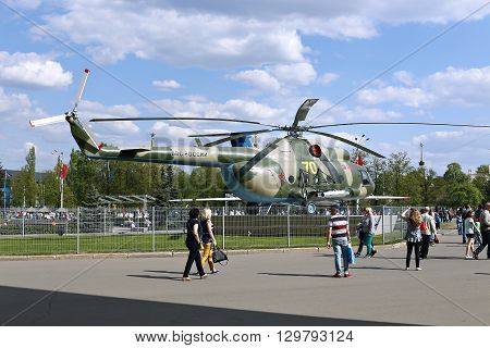 MOSCOW, RUSSIA - MAY 7, 2016: Battle military Russian helicopter MI-8 at the Russian Exhibition Center in Moscow