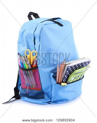 Backpack with school supplies, isolated on white