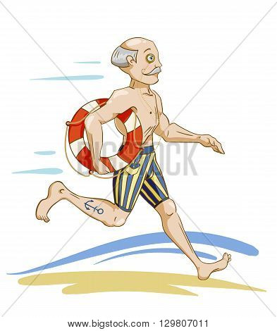 running man with lifebuoy, color vector illustration