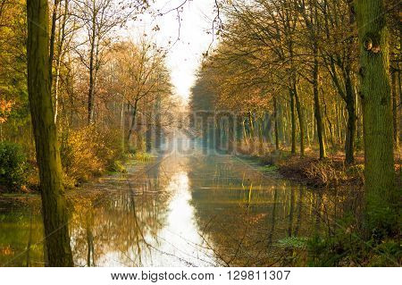 Canal in a autumn colored forest with trees reflecting on the water