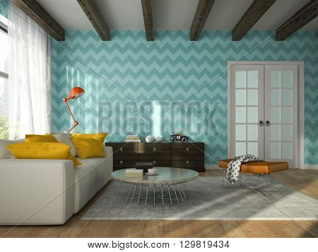 Interior of living room with blue wallpapers 3D rendering  