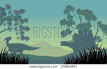 Dinosaur eoraptor and stegosaurus of silhouette scenery