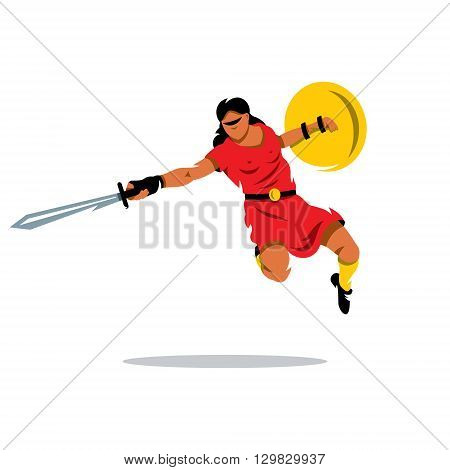 A woman with a shield and sword in a jump attack. Isolated on a white background