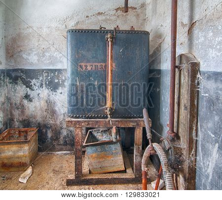 Cellars in an industry building - old abandoned distillery of alcohol