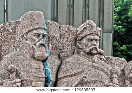 KIEV,UKRAINE - MAY 15, 2016: Ukrainian vandalism.Broken nose on Monument to Reunion of Ukraine and Russia in Kiev, Ukraine (ukrainian nazionalists have tradition to vandalise monuments). Kiev. Ukraine
