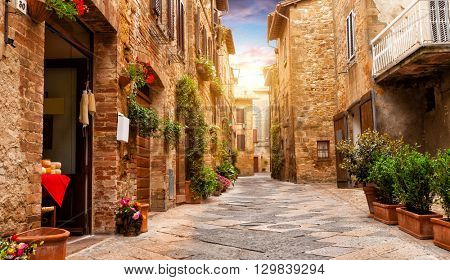 Colorful street in Pienza, Tuscany, Italy