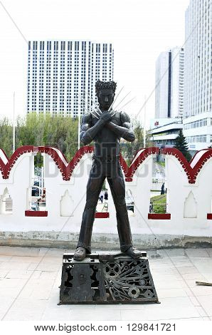 MOSCOW, RUSSIA - MAY 7, 2016: Monument to the hero Wolverine in Izmailovskiy Kremlin in Moscow on a sunny day