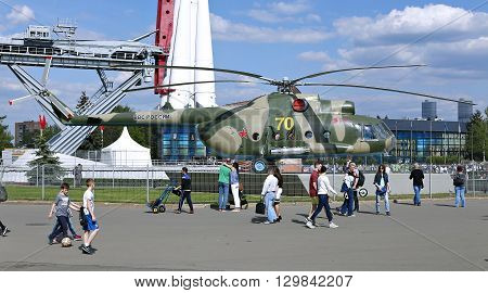 MOSCOW, RUSSIA - MAY 7, 2016: Battle military Russian helicopter MI-8 at the Russian Exhibition Center in Moscow