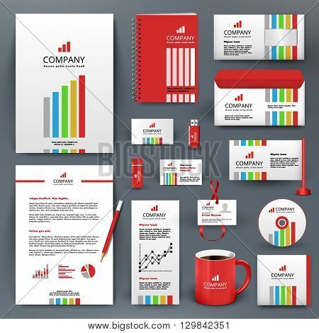 Professional universal branding design kit with color lines. ?orporate identity template, business stationery mock-up for investment company. Editable vector illustration: folder, cup, etc.
