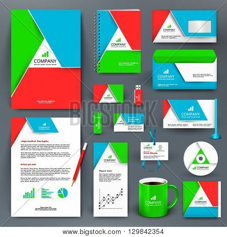 Professional universal branding design kit with triangle. ?orporate identity template, business stationery mock-up for real estate company. Editable vector illustration: folder, mug, etc.