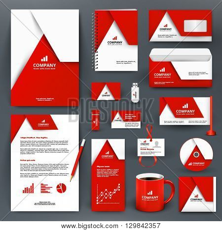Professional universal branding design kit with triangle. ?orporate identity template, business stationery mock-up for real estate company. Editable vector illustration: folder, mug, etc.