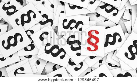 Law and legal rules concept with a red paragraph symbol and icon on top of many black scattered paragraphs paper notes 3d illustration background.