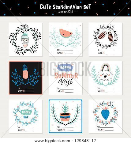 Cute Summer Design Scandinavian Set of Greeting Cards, Gift Tags, Stickers and Labels Templates with Trandy Summer Elements with wreathes in vector. Summer Modern Concept with Graphic Design Elements