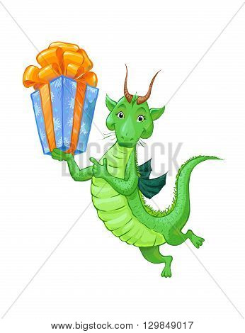 A cute little green dragon with a gift. Cartoon sketch of a dragon is suitable for children's postcard 