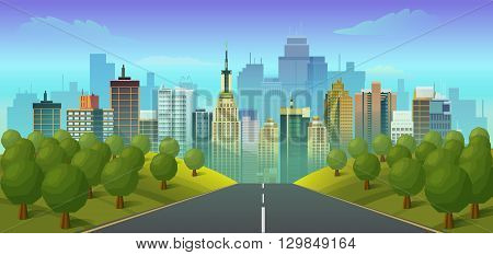 road to city landscape,  vector illustration, flat style