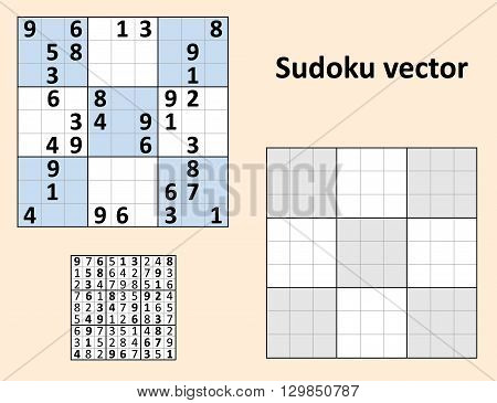 Symmetrical Sudoku with answers. Vector set Blank template.