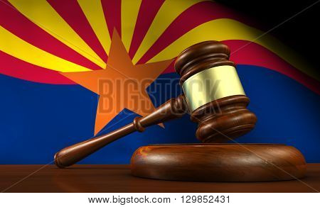 Arizona US state laws legal system and justice concept with a 3D rendering of a gavel and the Arizonan flag on background.