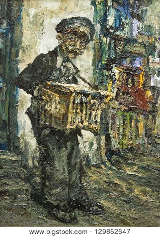 street muscian original oil painting on canvas, impressionism art, modern art gypsy playing on accordion on the street, impressionist relief painting,