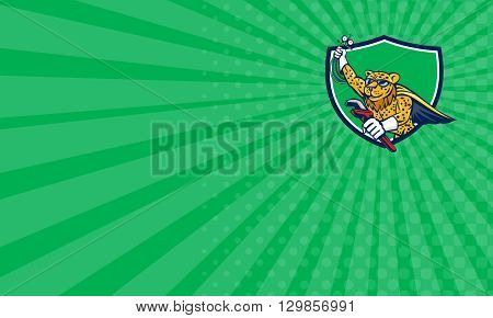Business card showing illustration of a caped superhero leopard refrigeration and air conditioning mechanic holding a pressure temperature gauge and a wrench flying set inside crest shield done in cartoon style.