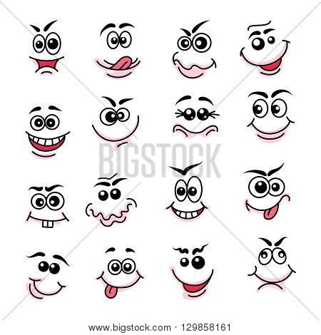 Doodle happy faces. Hand drawn line emoticons and funny facecs. Vector illustration