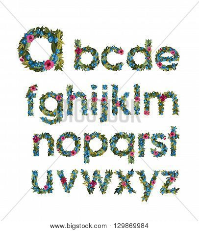 Colorful floral alphabet. ABC. Grotesque lowercase letters with flowers and leaves. Vector illustration. Isolated on white. Spring and summer flowers  roses, forgot me not, iris, Lilly, peony.