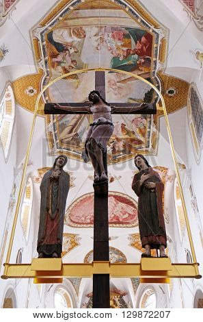 URSBERG, GERMANY - JUNE 09: Virgin Mary and Saint John under the cross in the monastery church of St. John in Ursberg, Germany on June 09, 2016.