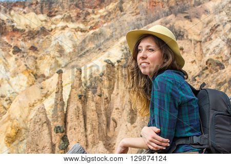 Woman Hiker With Backpack Outdoors