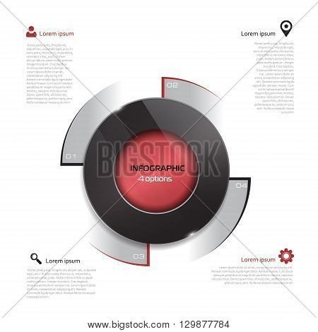Vector circle elements for infographic. Template for presentation, diagram, graph. Business concept with 4 options, parts, steps or processes. Abstract 3D digital illustration Infographic. black and red elements on white background