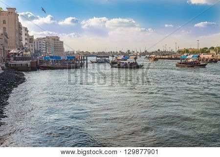 Water Taxi Crossing The Famous Creek In Dubai, Uae