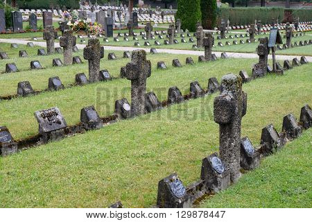 URSBERG, GERMANY - JUNE 09: The graves of members of St. Joseph Congregation on the cemetery in Ursberg, Germany on June 09, 2015.