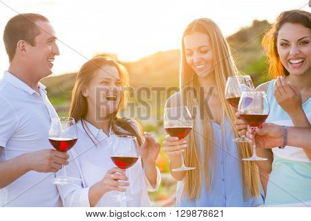 People holding glasses of red wine making a toast at the beach picnic